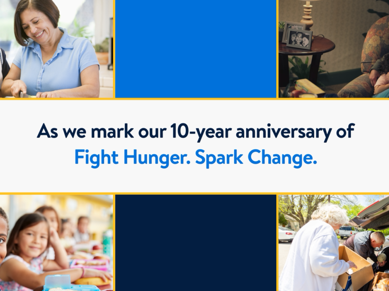 Images of people and families with text: As we mark our 10-year anniversary of Fight Hunger. Spark Change.