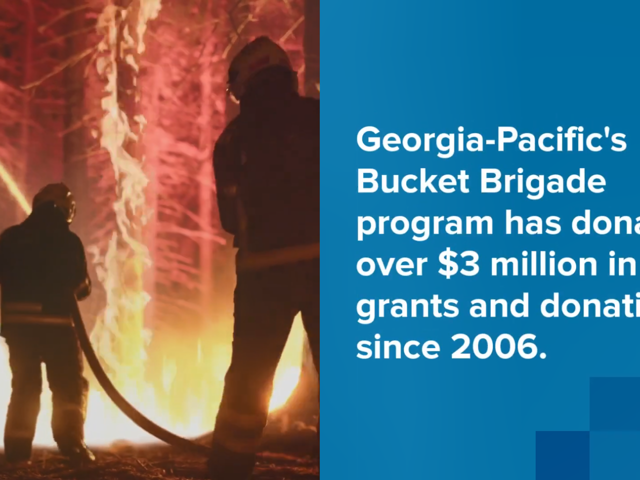 FIrefighters putting out a forest fire. "Georgia-Pacific's Bucket Brigade program has donated over #3 million in grants and donations since 2006.