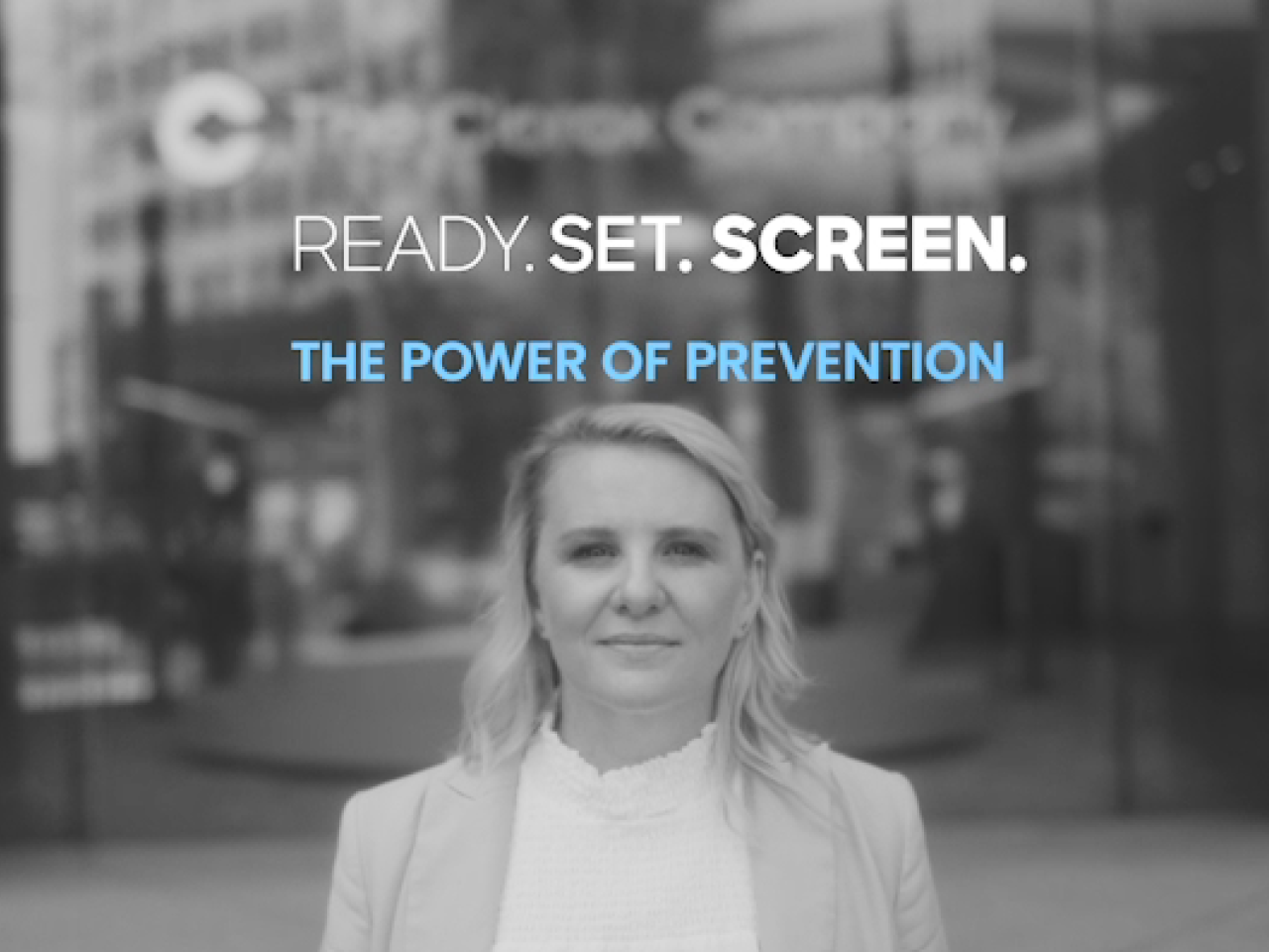 Natalie Hovany. "Ready. Set. Screen. The Power of Prevention" above her.