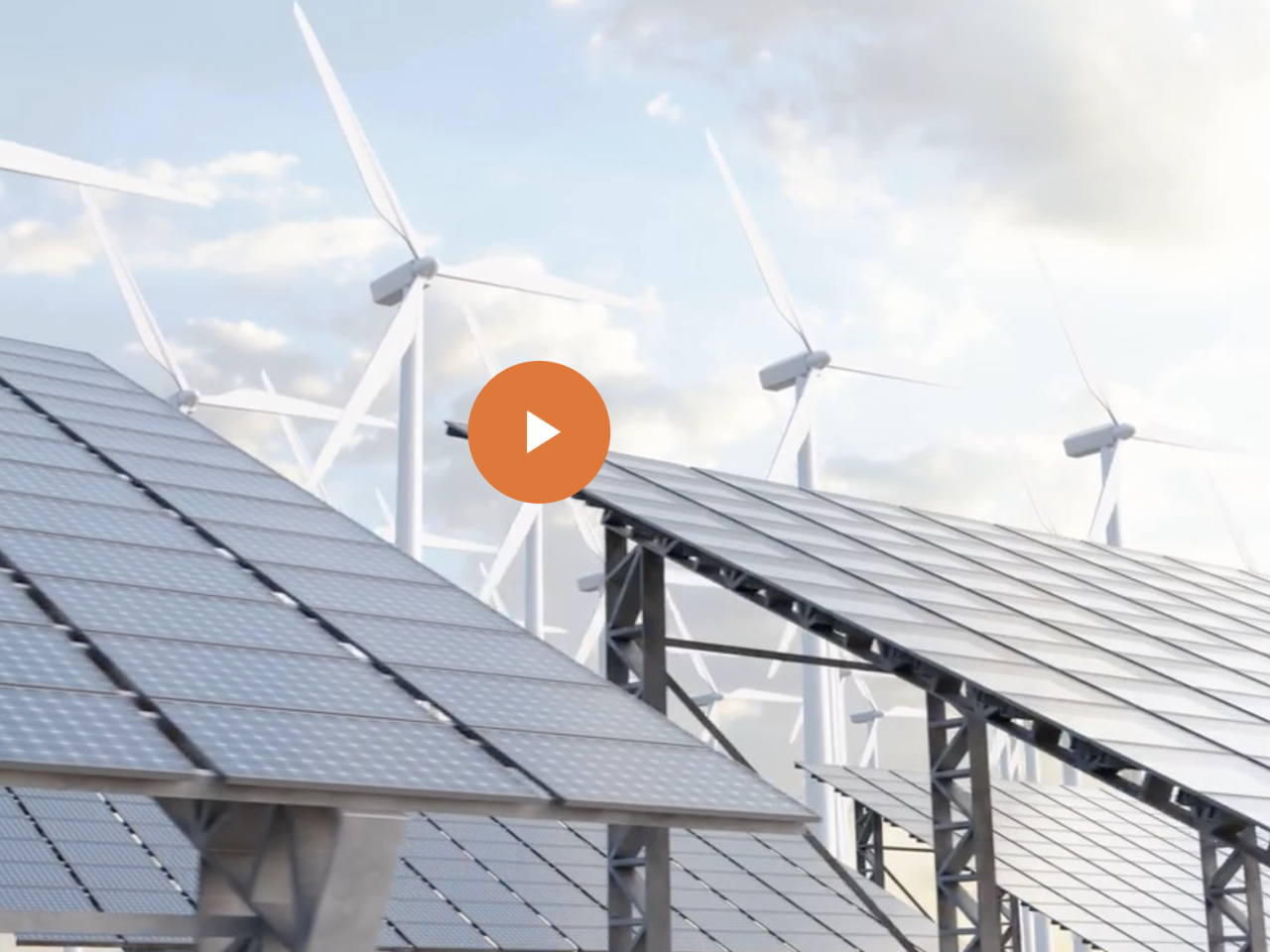 Windmills and a field of solar panels.