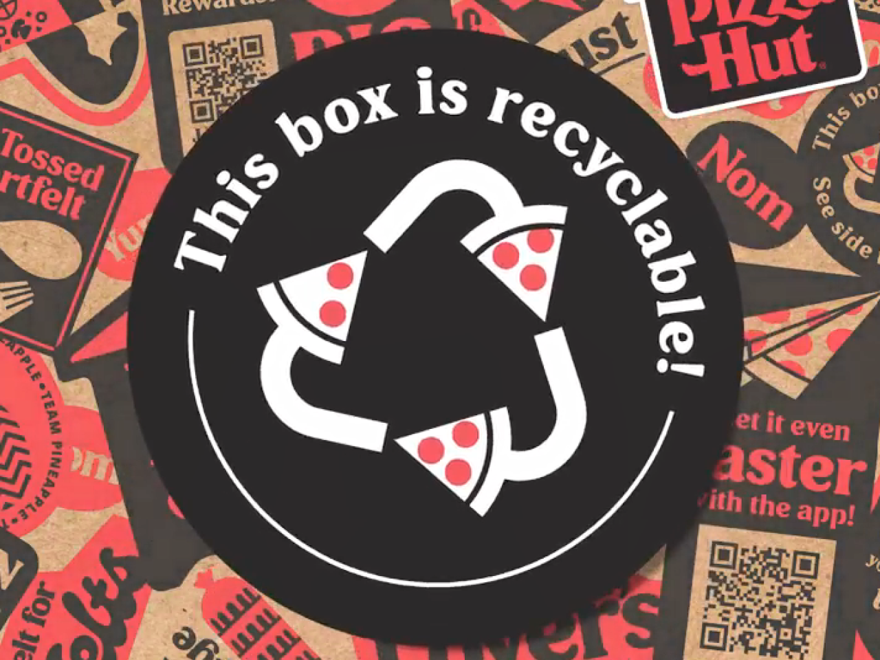 "This box is recyclable" with pizza slices as 'arrows' in a recycling symbol.