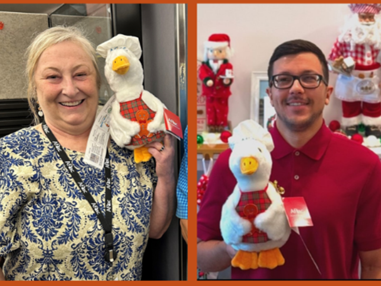 Aflac employees Judy Davis and Miguel Cubas shown with the Aflac Holiday Duck.