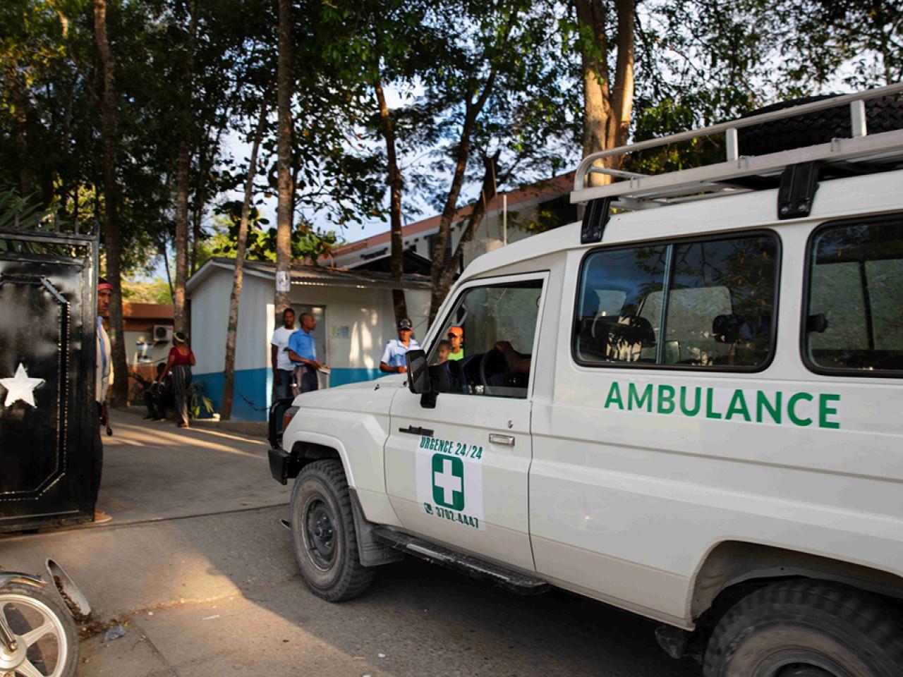 An ambulance enters a health facility in Haiti. The country is experiencing ongoing civil unrest, which complicates health delivery for patients. Direct Relief is supporting nine health facilities with cash support of $1 million total so they can maintain operations. (Courtesy photo)