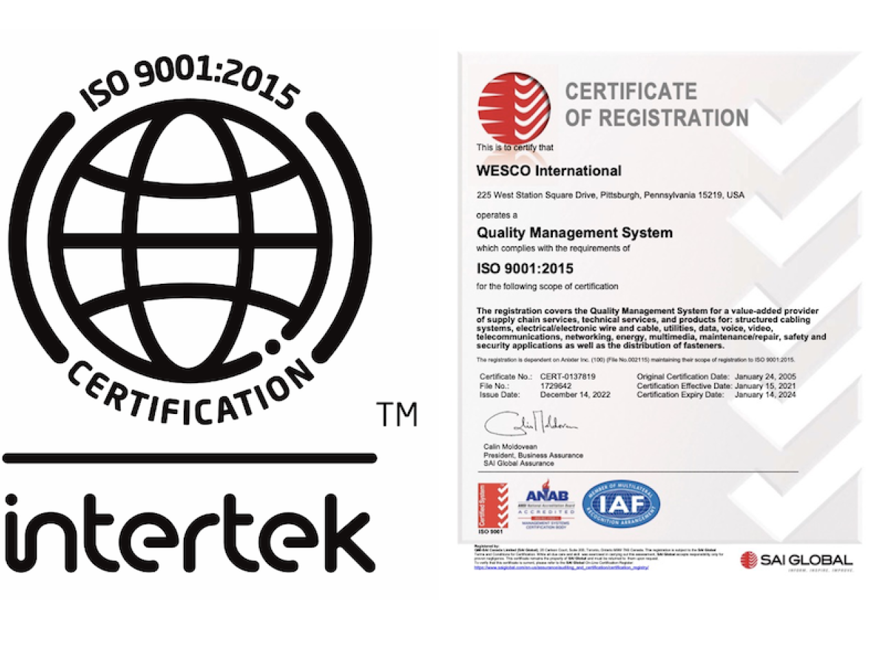 Wesco Intertek 9001:2015 Certificate.