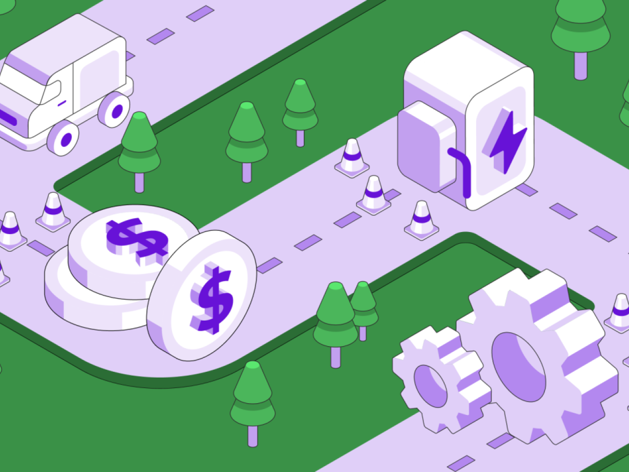 A green background with trees appears with a purple road. On the road is a truck. In the truck's path are dollar coins, an EV charging station, and gears indicating maintenance and repair. 