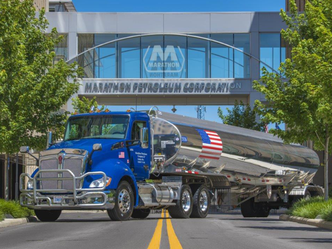 A shiny truck parked across the road, in front of Marathon Petroleum Corporation