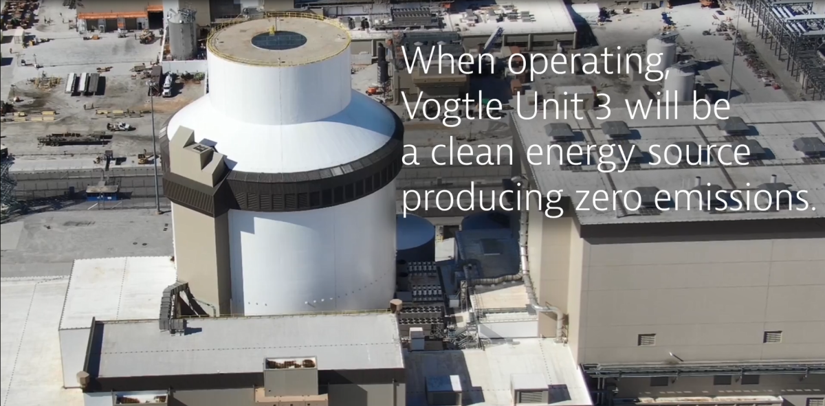 Aerial view of Vogtle 3 power station "When operating Vogtle Unit 3 will be a clean energy source producing zero emissions."