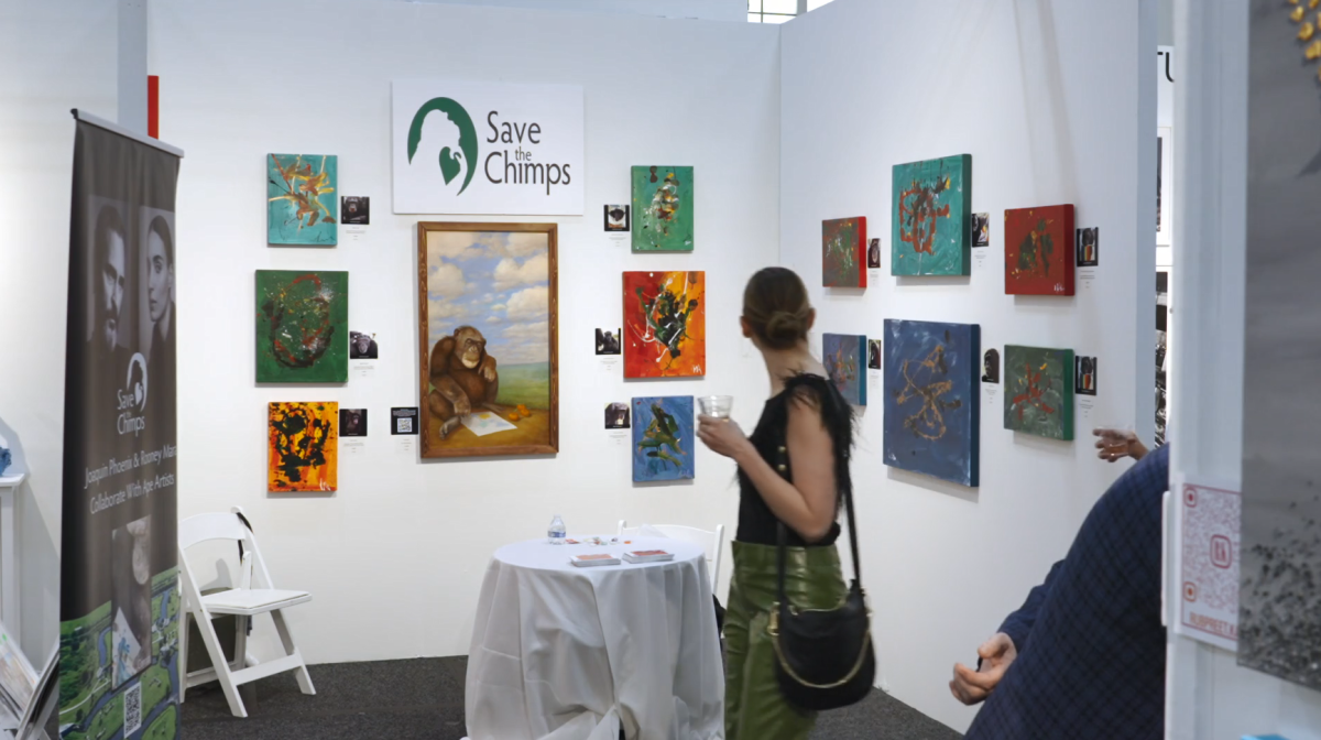 An art display "Save the Chimps" in a gallery. Patrons looking at the art.