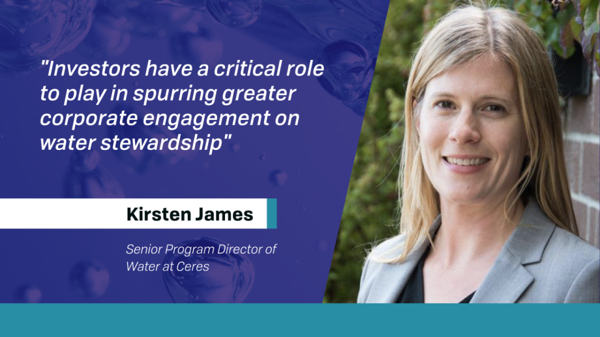 "Investors have a critical role to play in spurring greater corporate engagement on water stewardship" with headshot of Kirsten James and her name