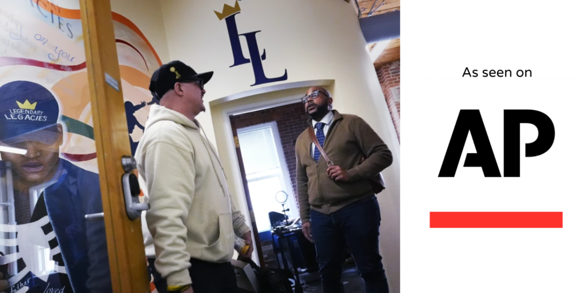 Ron Waddell, Founder and Executive Director of Legendary Legacies, right, talks with Gary Goyette at the nonprofit organization. 