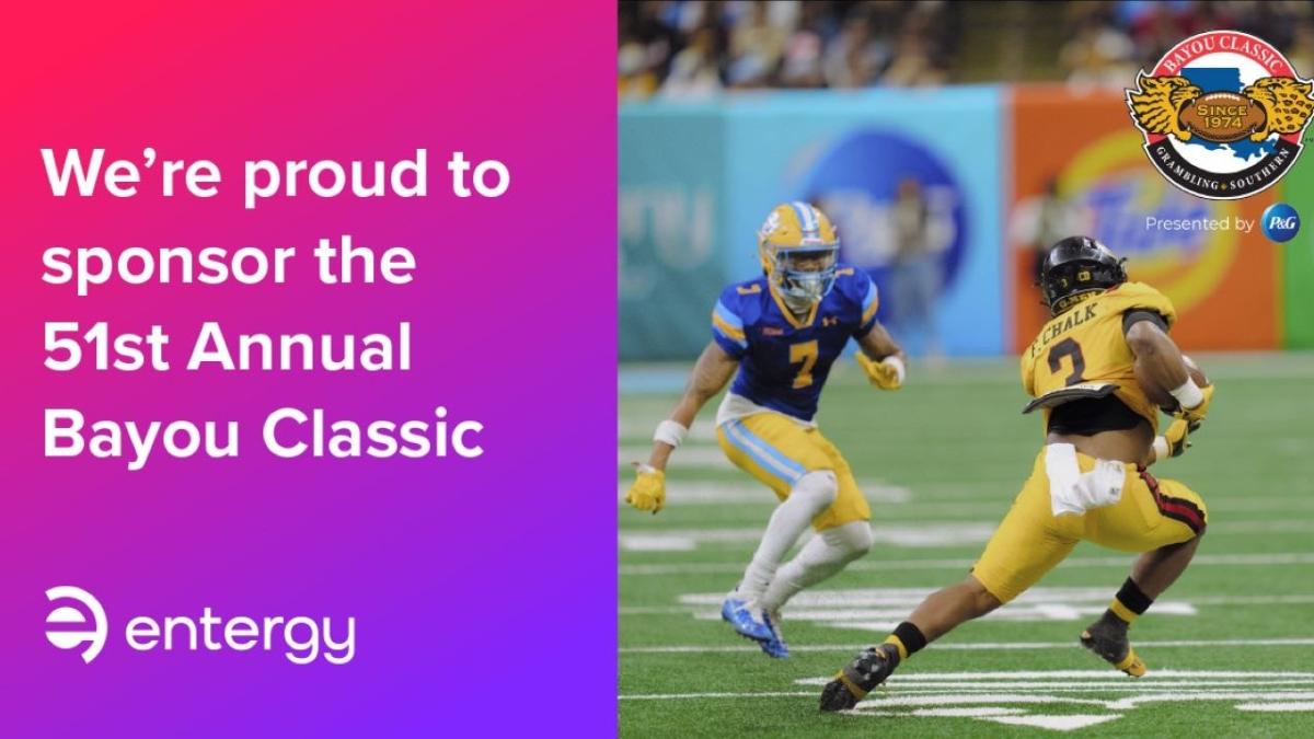 Two football players pictured next to text: "We're proud to sponsor the 51st Annual Bayou Classic" -Entergy 