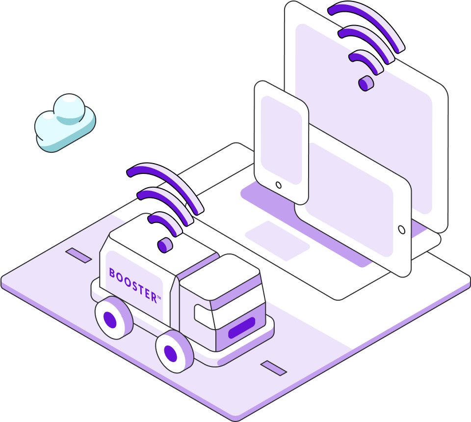 An illustration of a purple Booster tanker with a wifi symbol floating above. In he background, phones and tablets float with a wifi symbol. 