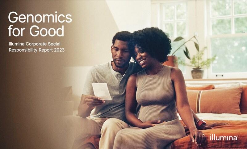 A couple looking at an image together. Reads: "Genomics for Good"