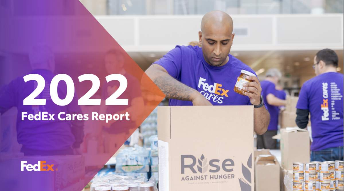 Cover of the 2022 FedEx Cares Report, showing FedEx workers packing food into boxes