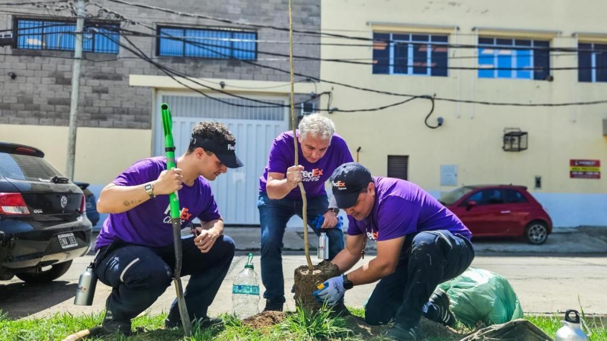 Three people wearing FedEx shirts planting a tree