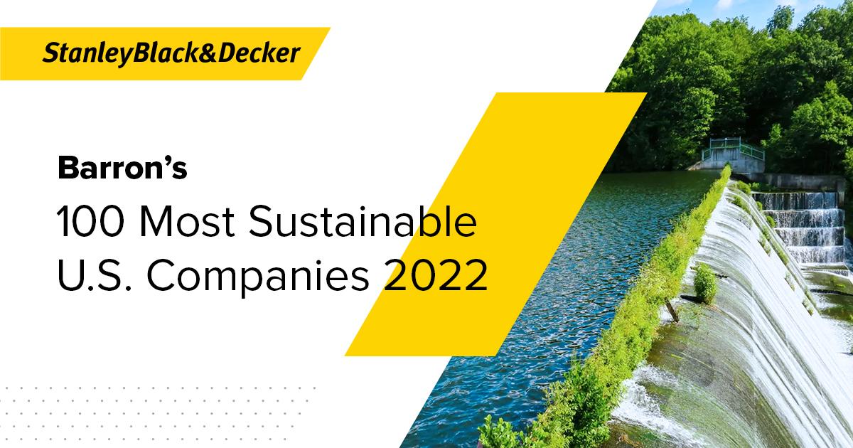 Image of waterfall next to Stanley Black & Decker logo and text reading, "Barron's 100 Most Sustainable U.S. Companies 2022"