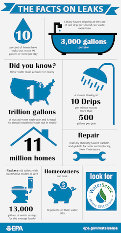 The Facts on Leaks: 10% percent of homes have leaks that waste 90 gallons or more per day.A leaky faucet dripping at the rate of one drip per second can waste more than 3,000 gallons per year.Did you know? Minor water leaks account for nearly 1 trillion gallons of wasted water each year and is equal to annual household water use in nearly 11 million homes.A shower leaking at 10 Drips per minute wastes more than 500 gallons per year.Repair leaks by checking faucet washers and gaskets for wear and replacing 