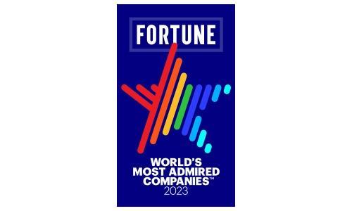 FORTUNE logo above a lined, rainbow colored star and "World's most admired companies 2023" at the bottom.