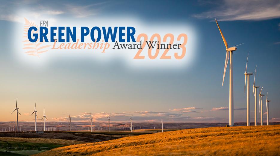 The Green Power 2023 Leadership Award. Field of Windmills shown.