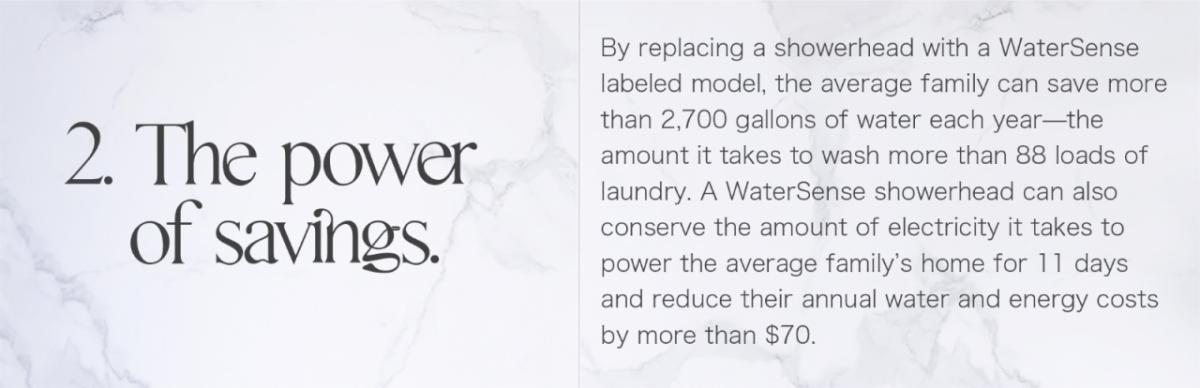 2. The power of savings. By replacing a showerhead with a WaterSense labeled model, the average family can save more than 2,700 gallons of water each year-the amount it takes to wash more than 88 loads of laundry. A WaterSense showerhead can also conserve the amount of electricity it takes to power the average family's home for 11 days and reduce their annual water and energy costs by more than $70.