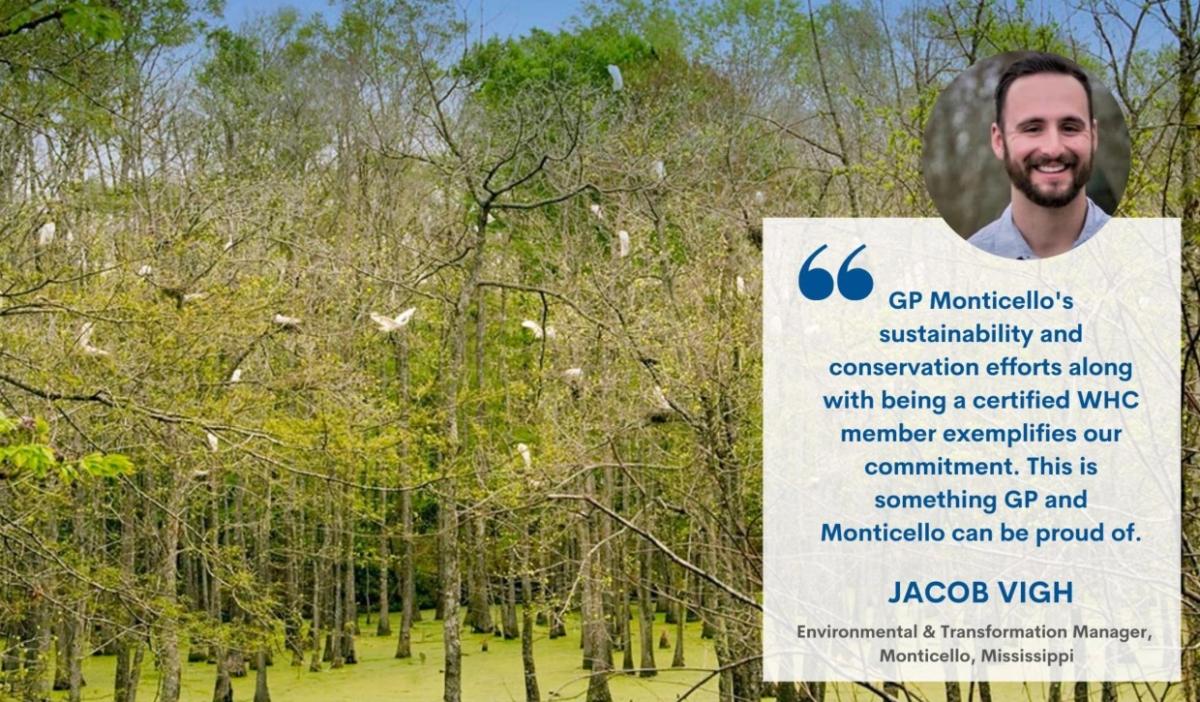 Picture of trees with a quote from JACOB VIGH, Environmental & Transformation Manager, Monticello, Mississippi. The quote reads “GP Monticello's sustainability and conservation efforts along with being a certified WHC member exemplifies our commitment. This is something GP and Monticello can be proud of.”