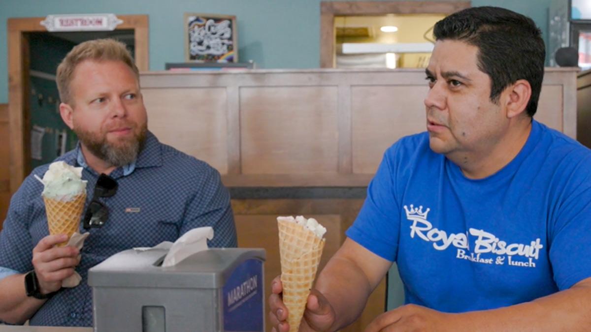 Jose Barrios, right, owner of the Odessa Creamery in the Kansas City area, and Steve Sickmeyer, U.S. Bank small business banker, at the creamery.