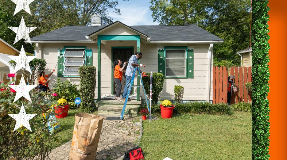 The Home Depot: Operation Surprise. Volunteers are shown painting and cleaning up a house.