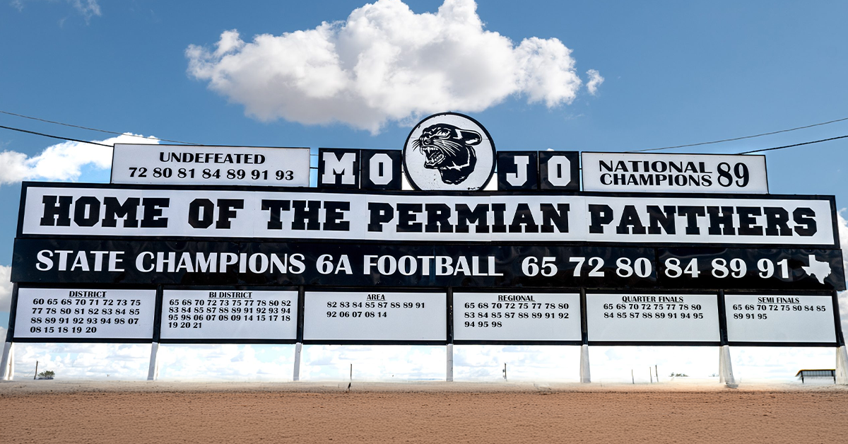 A large display "Home of the Permian Panthers" and dates of State Championships.