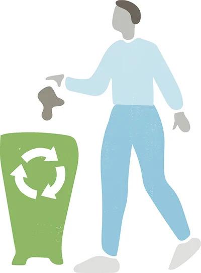 A basic digital drawing of a person putting something in a green bin with a recycling logo on it.