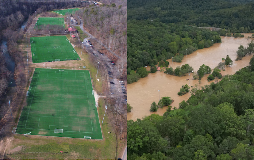 John B Lewis Soccer Complex before (left) and after (right) flooding in Asheville.
