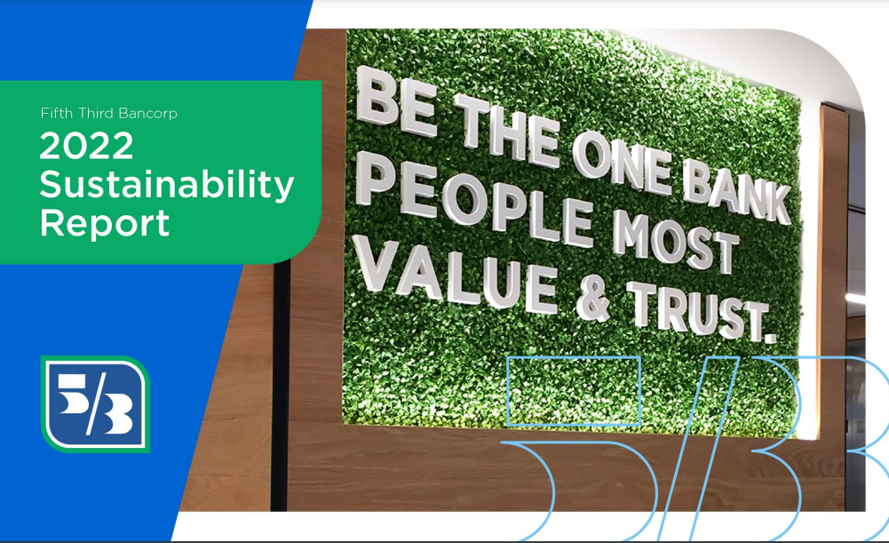 2022 Sustainability Report, Fifth Third logo and a wall with "Be the one bank people most value and trust".