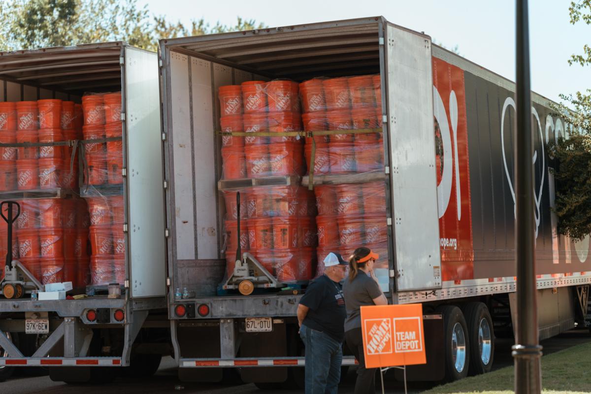 Trucks packed with materials to help hurricane victims.