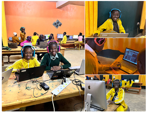 Collage of smiling students using headphones, laptops, and other devices in a school setting.