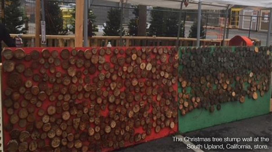 The Christmas tree stump wall at the South Upland, California, store.