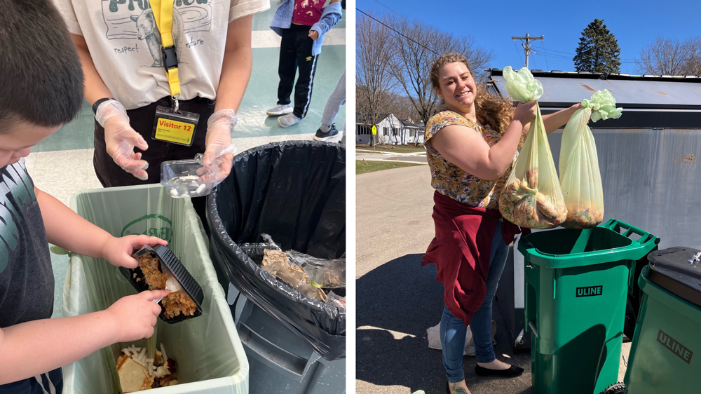 Two separate photo's of people turning food waste into usable compost