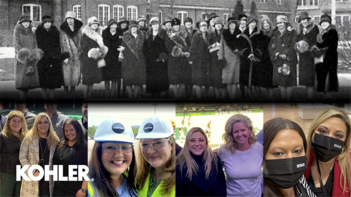 Black and white photo of 1920s saleswomen above color photo of modern saleswomen