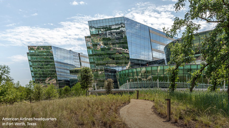 American Airlines headquarters in Fort Worth, Texas. Tall, angular, office building 