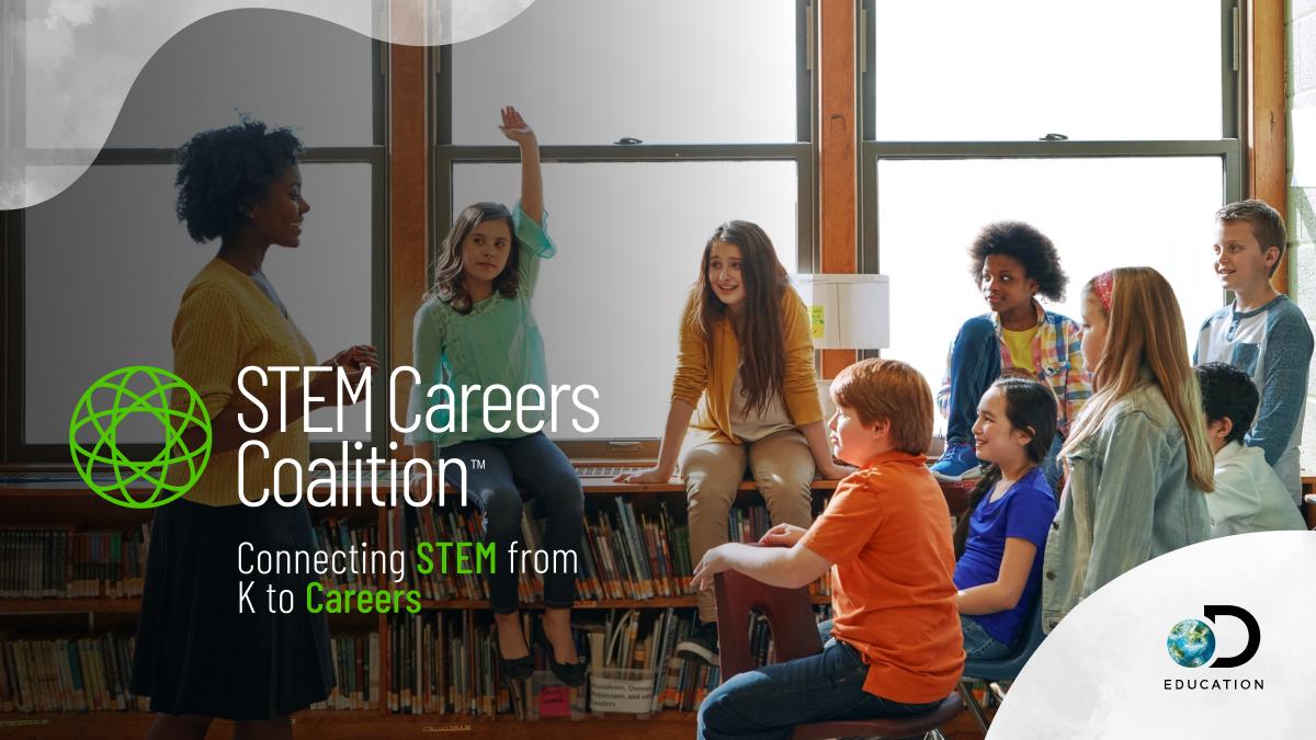 A teacher and students with text: STEM Careers Coalition