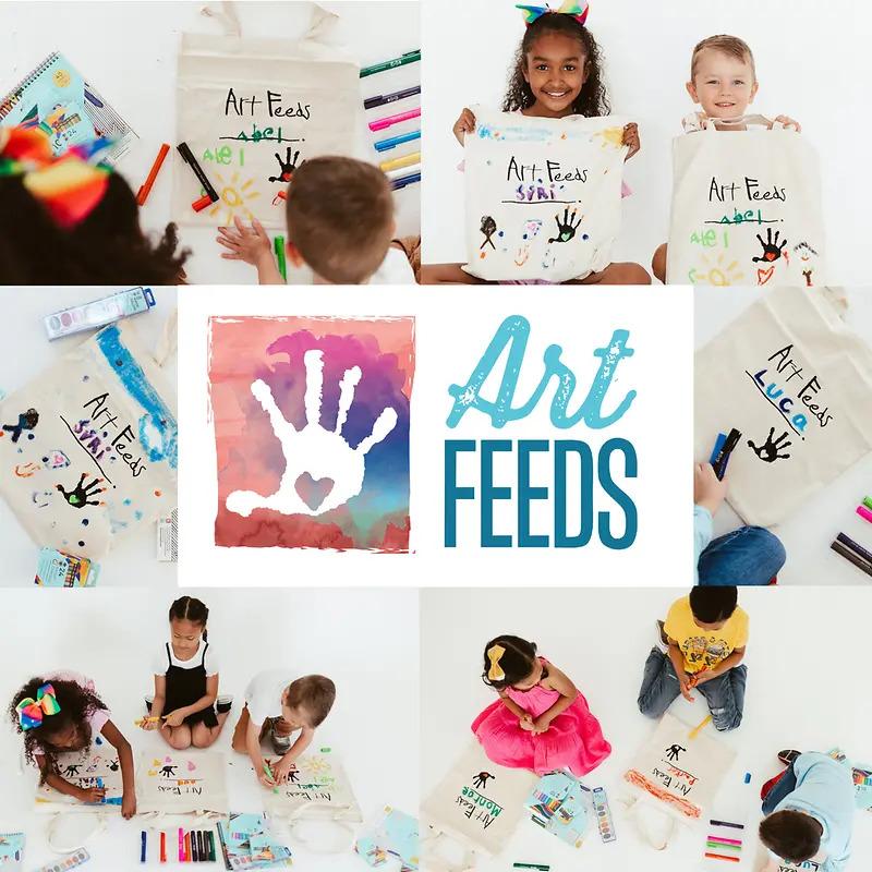Collage of photos of children decorating cloth bags. "Art Feeds" central