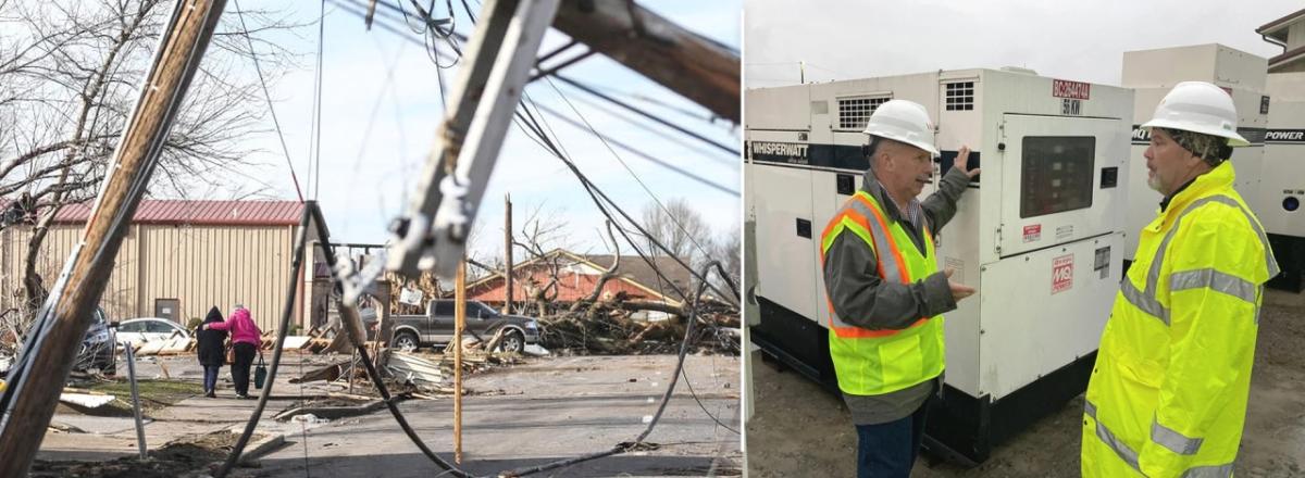 two images, left two people walking arms around each other through debris, fallen power lines. Right  two workers stand beside a generator