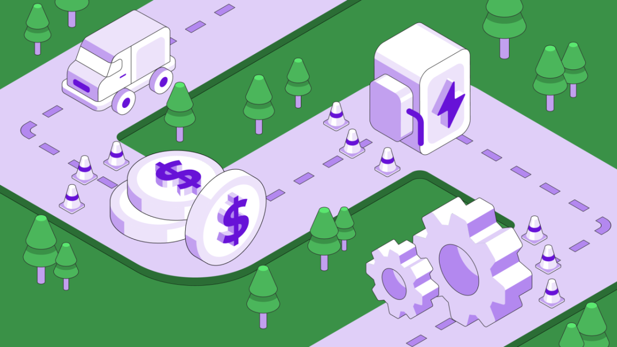 A green background with trees appears with a purple road. On the road is a truck. In the truck's path are dollar coins, an EV charging station, and gears indicating maintenance and repair. 