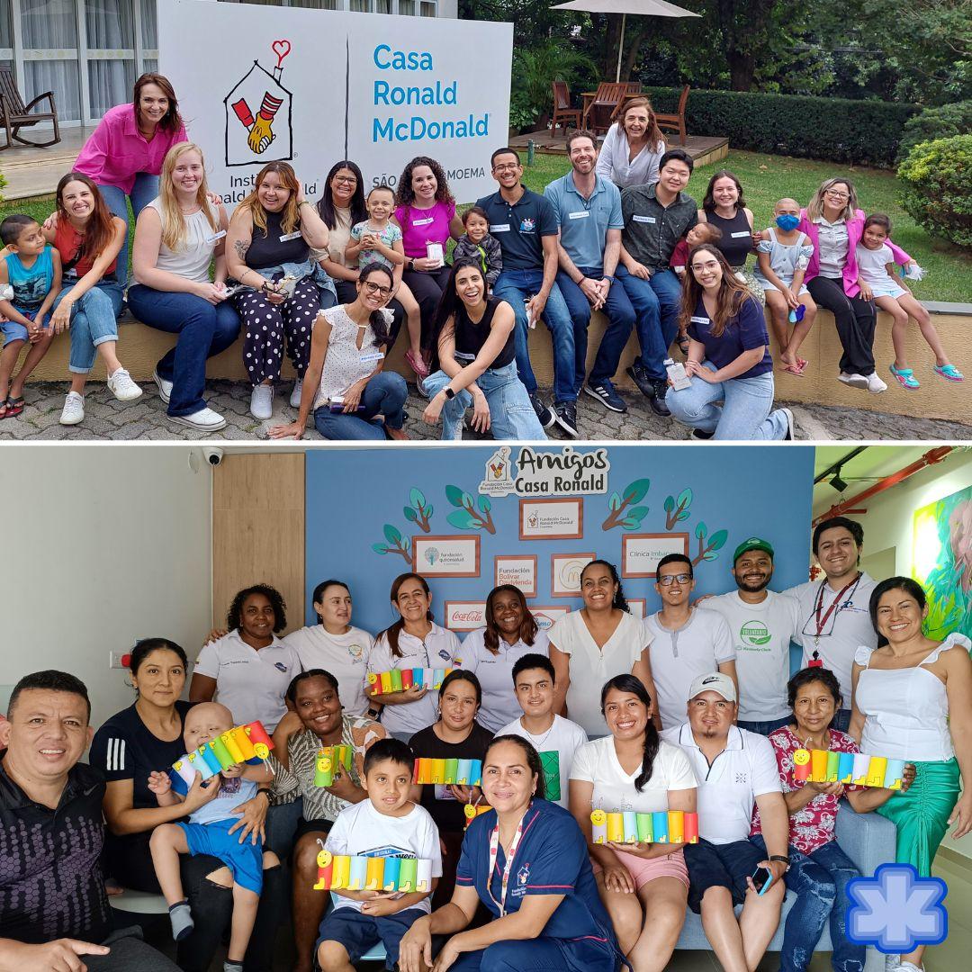 Collage of groups of volunteers and families with supplies and in front of the Casa Ronald McDonald sign.