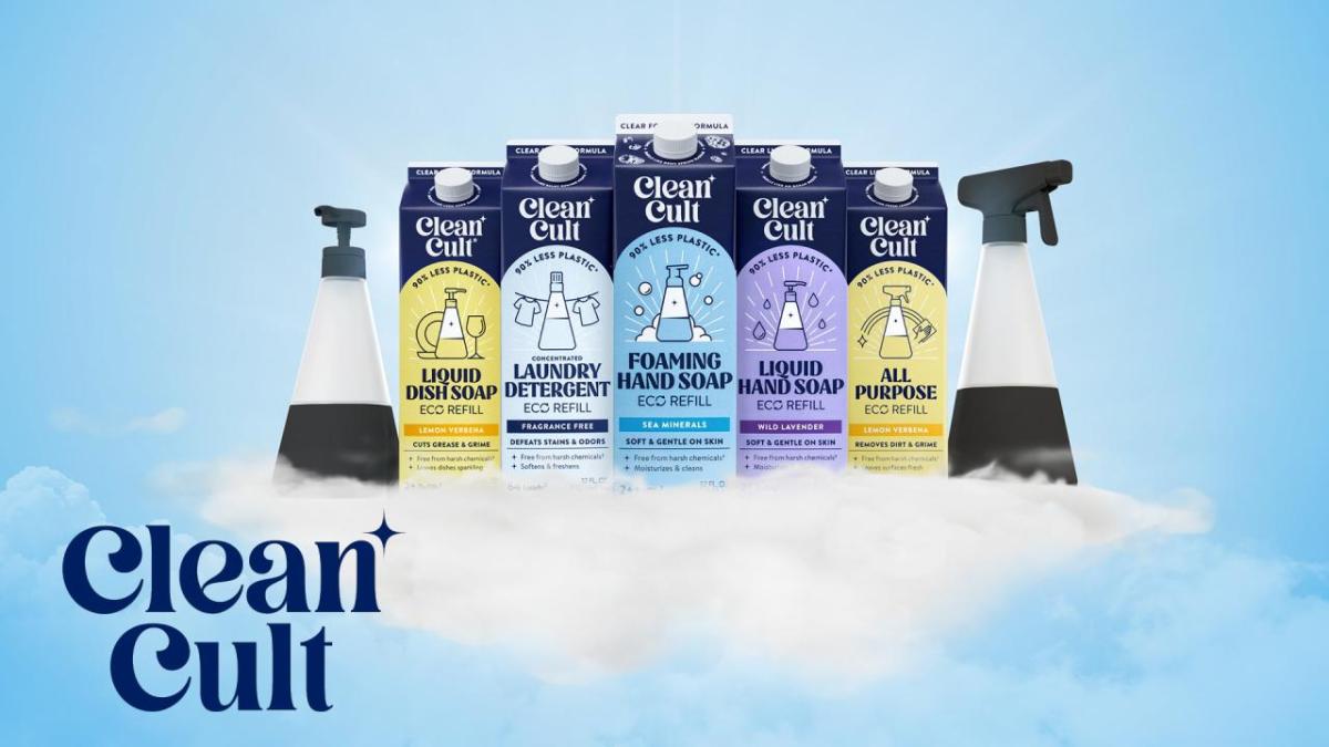 Bottles of clean cult products sat on top of a cloud in the sky