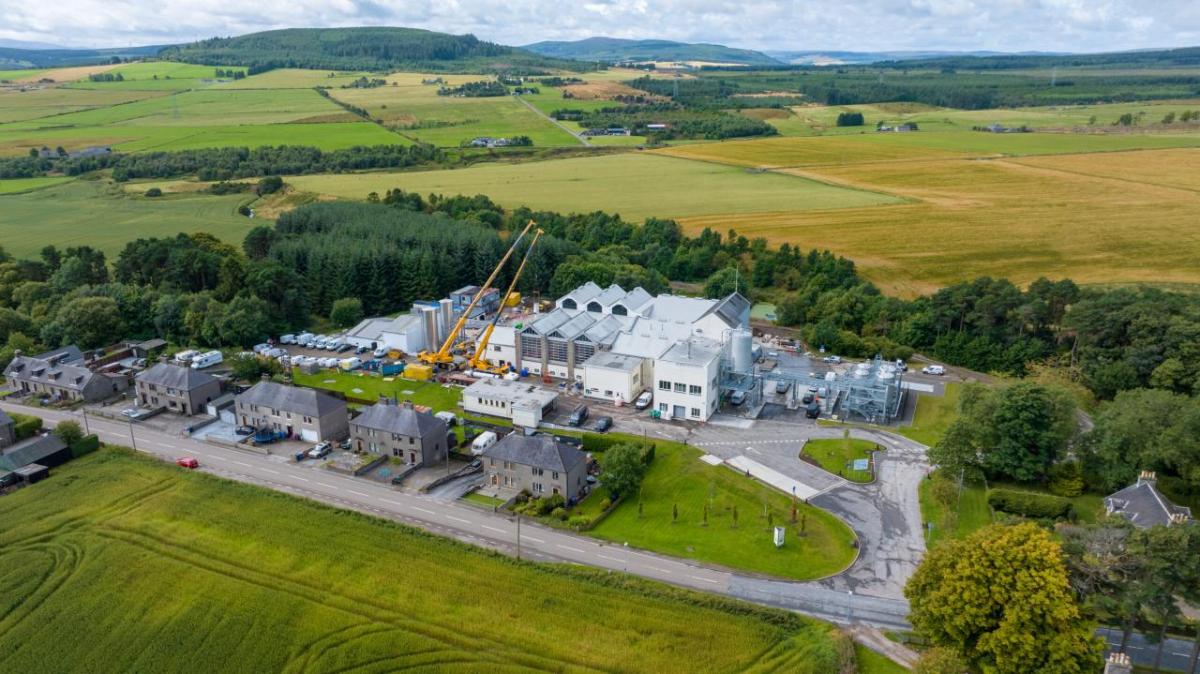 Aerial view of the distillery and construction equipment