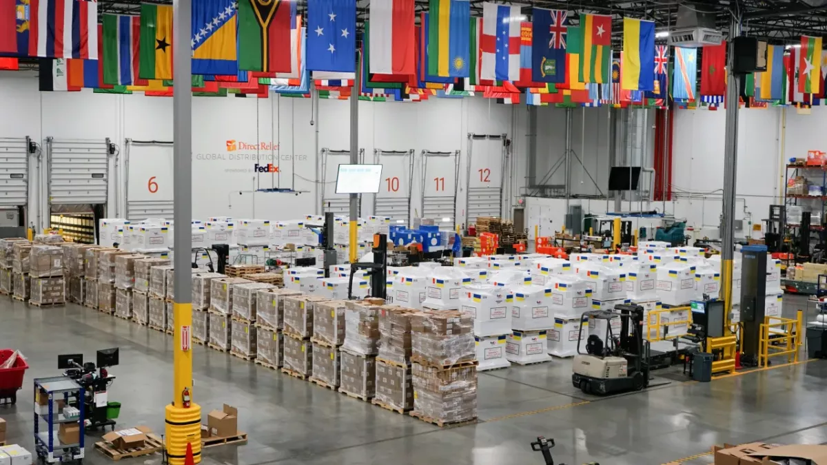Medical aid bound for Ukraine is staged for departure from Direct Relief’s warehouse. (Lara Cooper/Direct Relief)