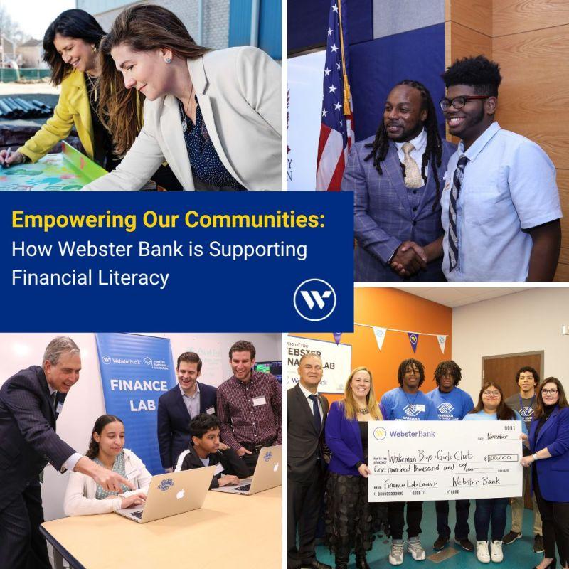 Collage of people shaking hands, Adults helping kids working on laptops, and a group posed with a large check. "Empowering communities..."