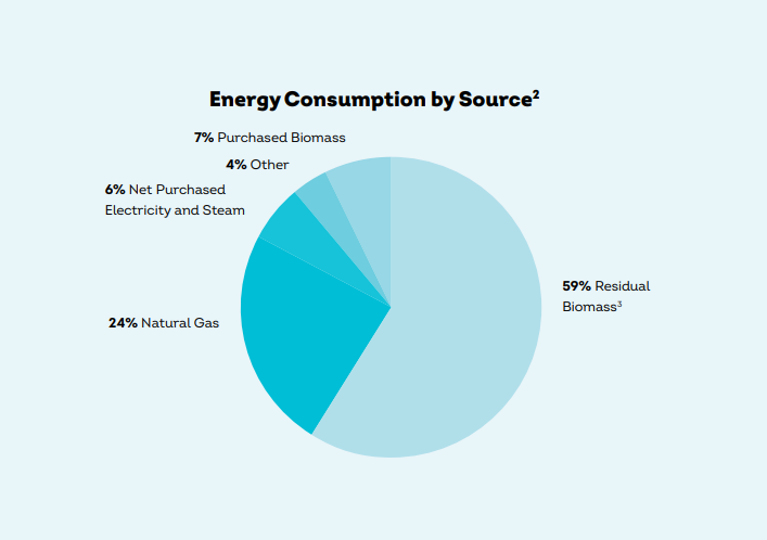 Info graphic "Energy Consumption by source" Pie chart showing 59% Residual Biomass, 24% Natural Gas, 6% Net Purchased Electricity and Steam, 7% Purchased Biomass, 4% other