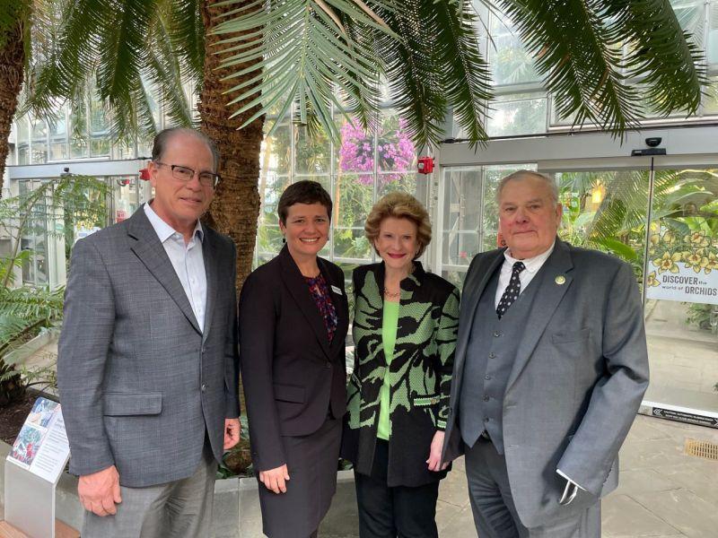 Group of four people, a palm tree behind them.