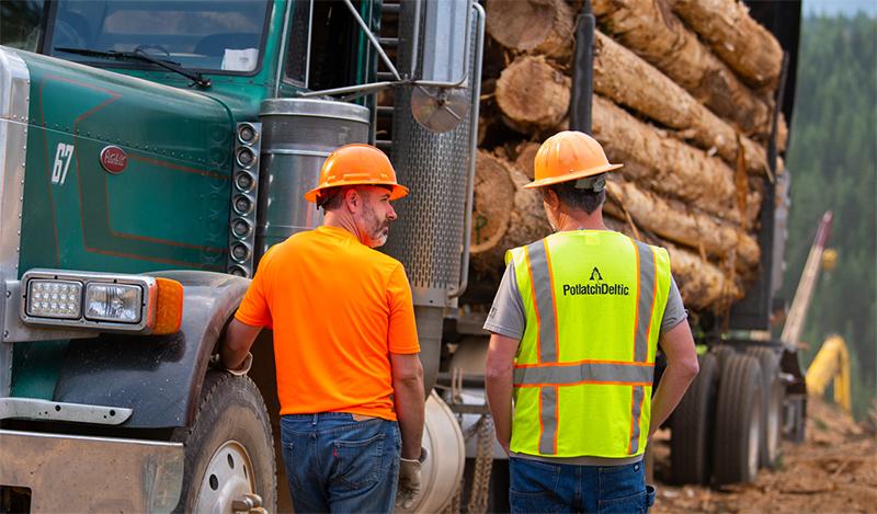 People in hard hats standing next to a truck loaded with logs