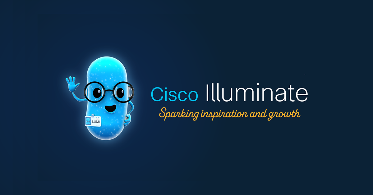 "Cisco Illuminate" A blue character with glasses waving.